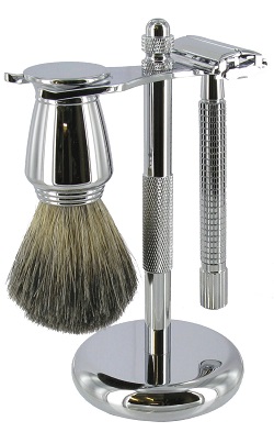 SHV133 - Chrome Safety Razor set with mixed badger brush